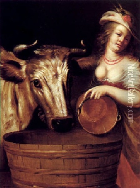 A Milkmaid With A Cow Oil Painting - Jan Rutgersz van Niwael