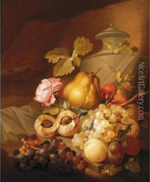 Still Life Of Bunches Of Grapes, Peaches, Plums, Carnations And A Rose Together With A Stone Urn Oil Painting - Johann Nepomuk Mayrhofer