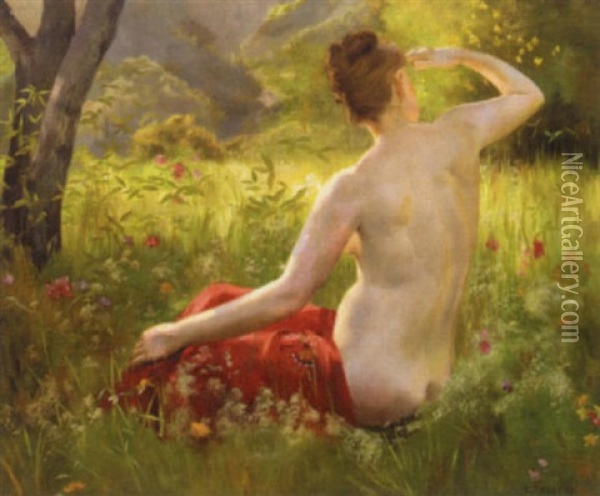 Nude In A Summer Landscape Oil Painting - Emile-Louis Foubert