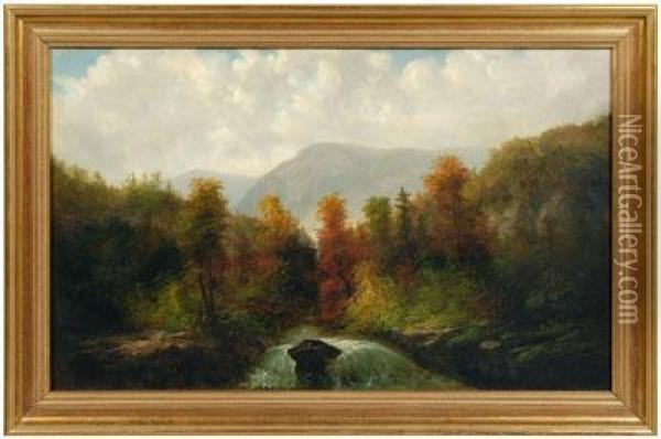 Autumn View Of A Waterfall In North Carolinamountains Oil Painting - William Frefichs