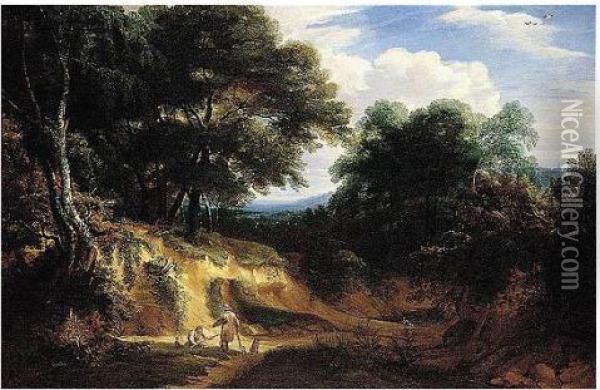 A Wooded Landscape With Huntsmen Resting In A Clearing By A Pond Oil Painting - Jacques D Arthois