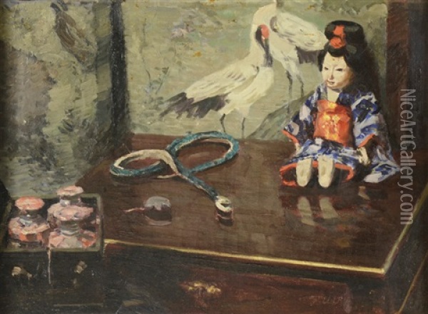 Untitled (still-life With Doll) Oil Painting - Ulrich Huebner