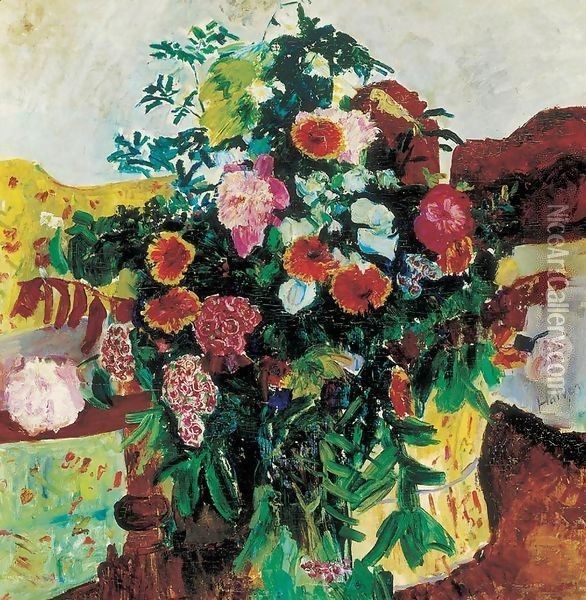 Flower Still-life in Interior Oil Painting - Fabbio Fabbi