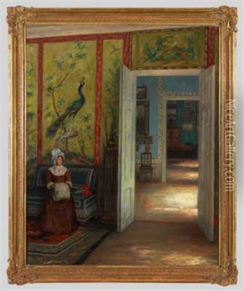 Dame Mit Muff Und Rosen Im Antichambre Auf Schloss Paretz Oil Painting - Wilhelm Beckmann