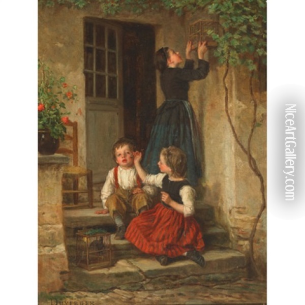 Chasing A Bee Off Brother's Cheek Oil Painting - Theophile Emmanuel Duverger