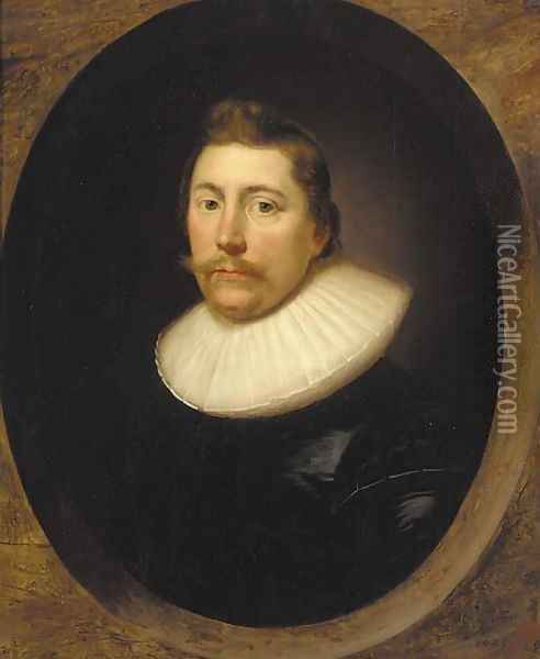 Portrait of a gentleman, bust-length, in a black silk doublet and white ruff, feigned oval Oil Painting - Cornelis I Johnson