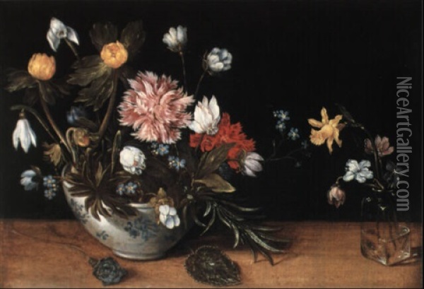 A Still Life Of Flowers In A Bowl And In A Glass Vase Oil Painting - Jan Brueghel the Elder