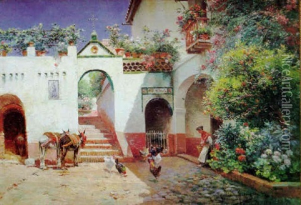 Patio Andaluz Con Burros Oil Painting - Manuel Garcia y Rodriguez