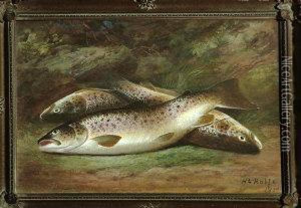 A Study Of Three Trout Taken From The River Test Oil Painting - Henry Leonidas Rolfe