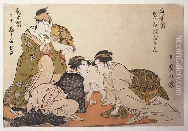Armwrestling between two Beauties Oil Painting - Kitagawa Utamaro