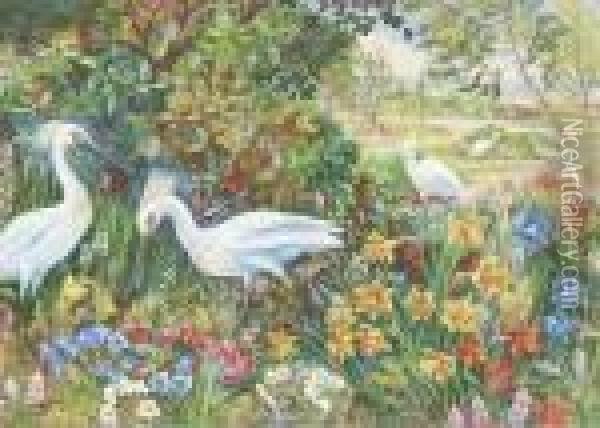 Cranes In An Exotic Garden Oil Painting - Louis William Wain