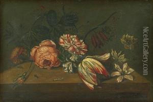 A Still Life With Flowers And Insects On A Ledge Oil Painting - Ambrosius the Elder Bosschaert