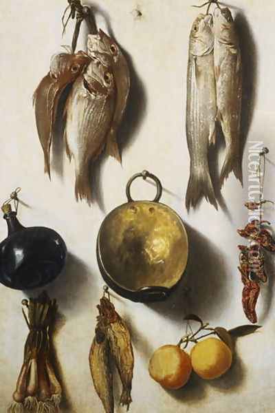 A Trompe LOeil of Fish, Cooking Utensils, Vegetables and Fruit Oil Painting - Vicente Victoria or Vitoria