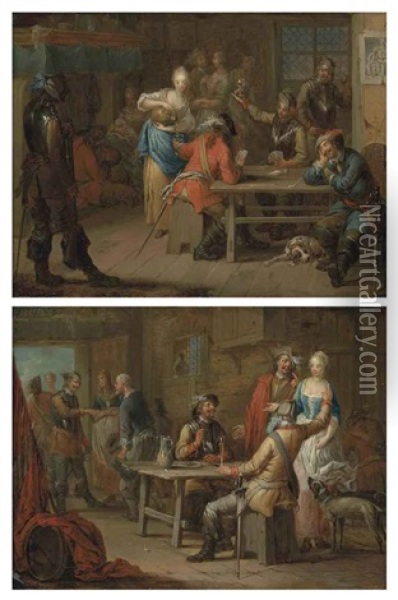 Soldiers Playing Cards In An Inn (+ Soldiers Merrymaking In An Inn; Pair) Oil Painting - Franz Christoph Janneck
