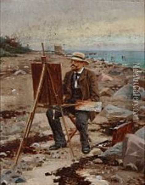 The Danish Painter Carl Bloch Sitting In Front Of His Easel On The Beach Of Hellebaek Oil Painting - Frants Peter Didrik Henningsen