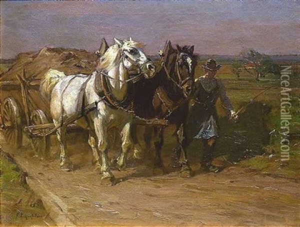 Pferdegespann Am Heuwagen, Vom Bauern Gefuhrt Oil Painting - Friedrich Eckenfelder