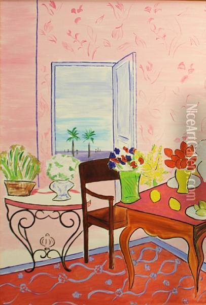 Pink Interior With Flowers Oil Painting - Sarah Davis