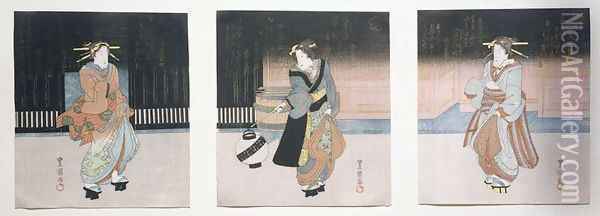Geisha at Night Triptych, 1818-30 Oil Painting - (Utagawa Toyoshige) Toyokuni II