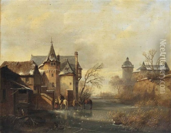 A Winter Landscape With Horses And Figures On The Ice Near A Castle Oil Painting - Cornelis Lieste