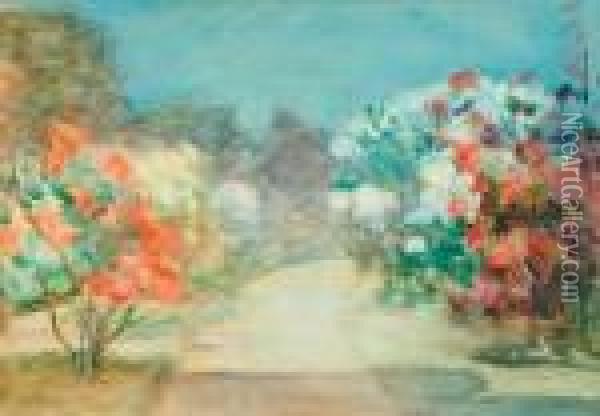 A Pathway Leading Through A Rose Garden Oil Painting - Mark Senior