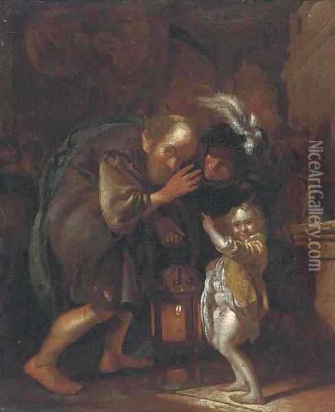 An old man holding a lantern, with a woman and child in an interior Oil Painting - Jacob Toorenvliet