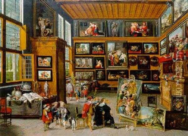 A Spacious Entrance Hall: The Walls Hung With Pictures, Collectors' Items On Tables, And An Artist Showing A Painting Oil Painting - Cornelis de Baellieur the Elder