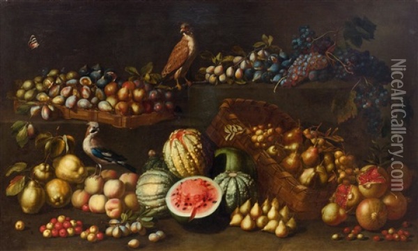 Large Still Life Of Fruits With Birds Oil Painting - Pietro Paolo Bonzi