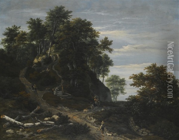 Hilly Wooded Landscape With A Falconer And A Horseman Oil Painting - Jacob Van Ruisdael