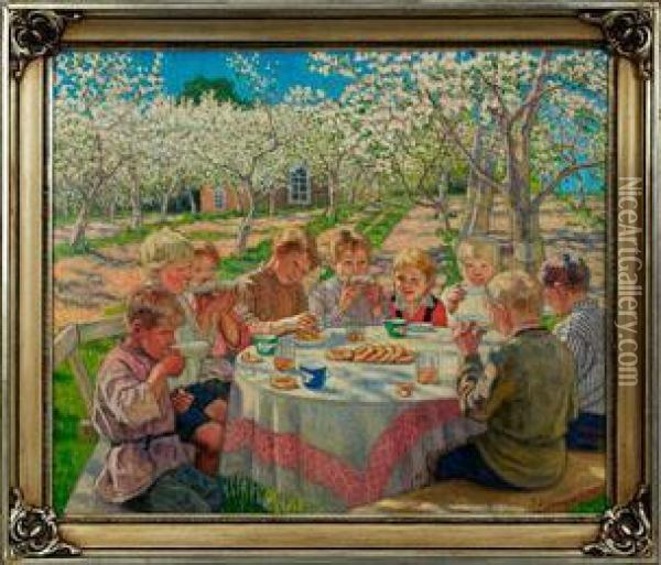 Kindergruppe Im Garten Mit Bluhenden Apfelbaumen Oil Painting - Nikolai Petrovich Bogdanov-Belsky