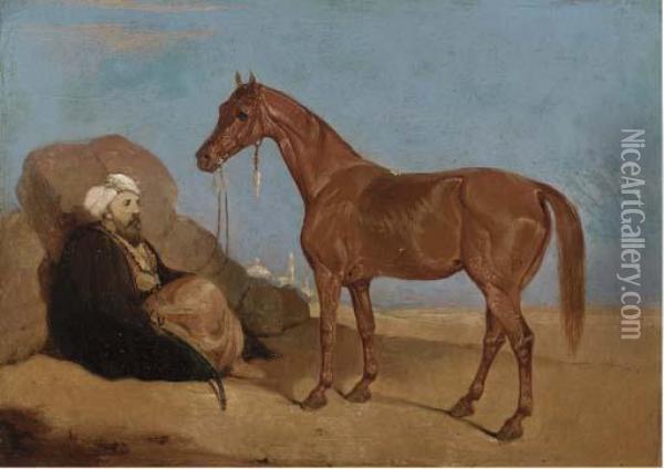 An Arab Smoking A Pipe, A Horse To His Side Oil Painting - Leopold Carl Muller