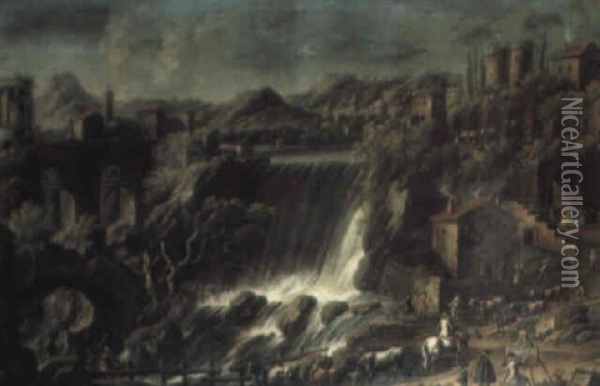 A Capriccio Of A Ruin By A Waterfall, With Peasants And Gentlefolk Oil Painting - Joseph Roos