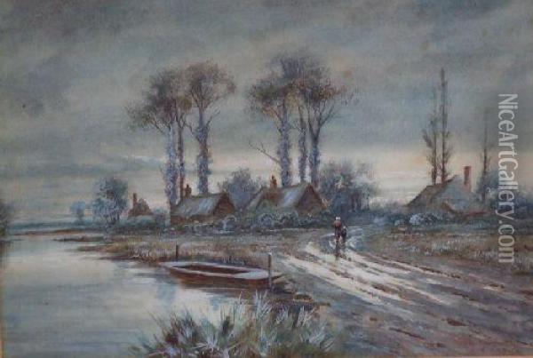 Winter Landscape Withcottages, Figures And A Punt In Foreground Oil Painting - Edith Aird