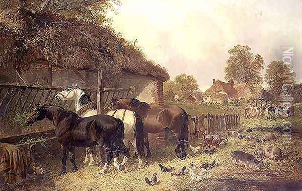 Three Horses at a Manger Oil Painting - John Frederick Herring Snr