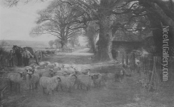 Herding Sheep In A Country Lane Oil Painting - John Pedder