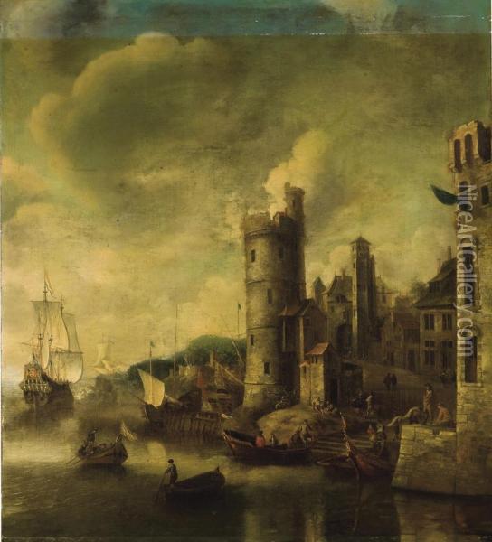 A Capriccio Of An Italian Port Oil Painting - Johannes Beerstraten