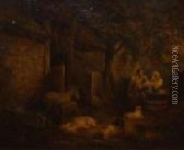 Figures And Animals By A Barn Oil Painting - George Morland