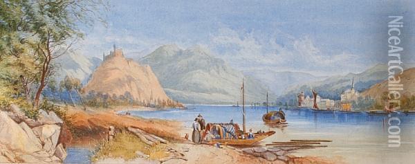 A Continental Lake Scene Oil Painting - James Burrell-Smith