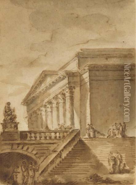 Un Escalier Montant A Un Temple Romain Avec Des Figures Oil Painting - Juste Nathan Boucher