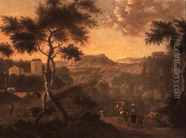 Italianate Landscape With Travellers On A Road Oil Painting - Frederick De Moucheron