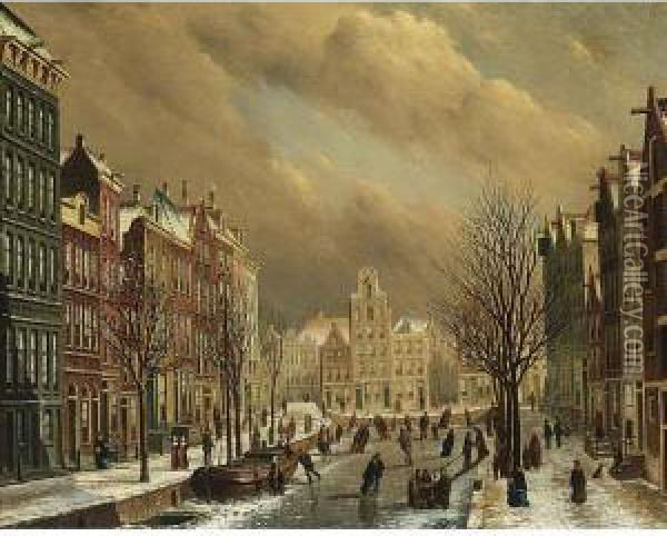 A View Of The Brouwersgracht In Amsterdam On A Winter Day Oil Painting - Oene Romkes De Jongh