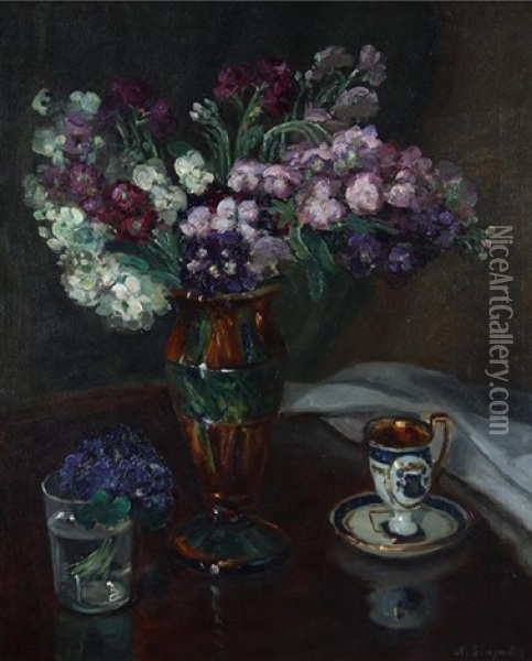 Still Life With Flowers,  Tea Cup And Glass Oil Painting - Nicolas Sinezouboff