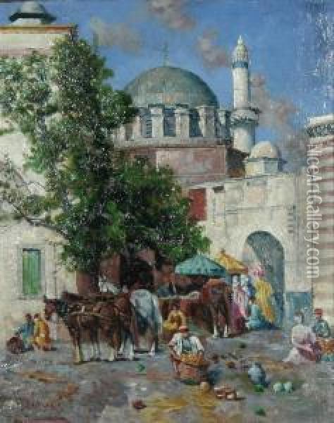 Mosque And Bazaar Oil Painting - Filippo Indoni