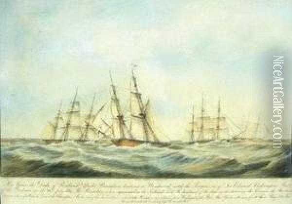 His Grace The Duke Of Portland's Yacht Pantaloon Beating To Windward With The Frigates &c. Of Sir Edward Codrington's Fleet Oil Painting - J. Rogers
