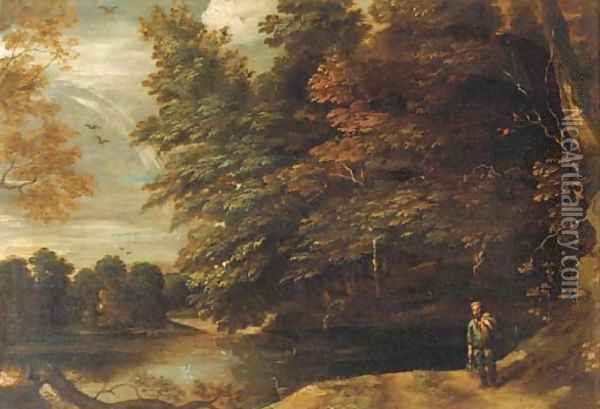 A river landscape with a fisherman on a path at the edge of a wood Oil Painting - Abraham Govaerts
