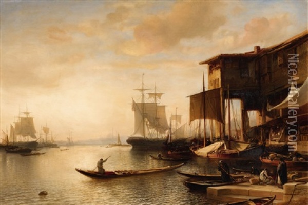 A Busy Market Scene At Istanbul Harbour Oil Painting - Jacob Jacobs