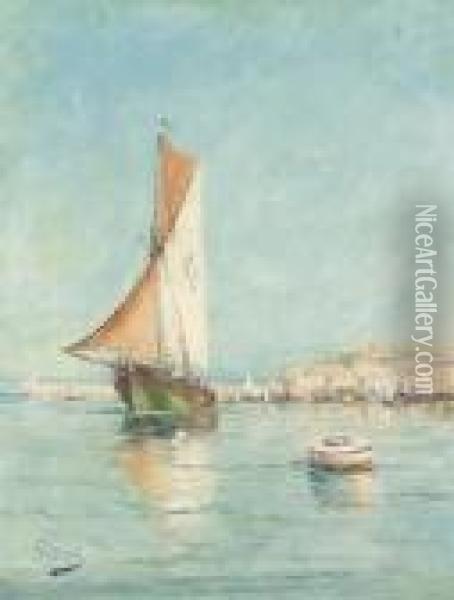 Auslaufendes Fischerboot Vor Sudlicher Hafenstadt. Oil Painting - Henri Malfroy