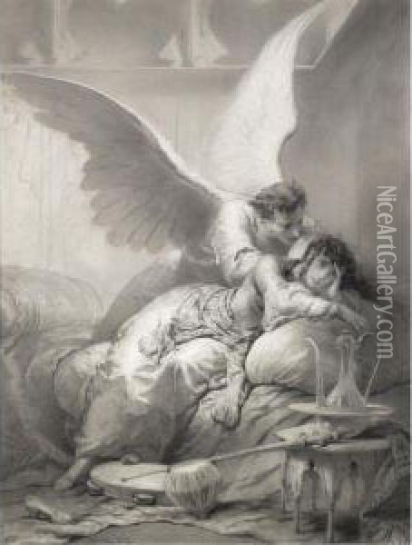Angel Whispering To An Odalisque Oil Painting - Mihaly von Zichy