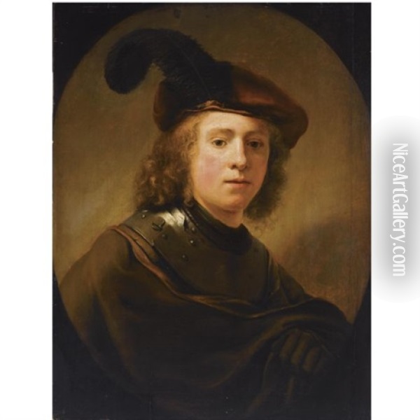 Portrait Of A Young Man, Wearing A Brown Plumed Beret And A Brown Coat With A Gorget Oil Painting -  Rembrandt van Rijn