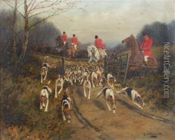 On The Scent, Huntsmen And Hounds On The Chase Oil Painting - George Wright