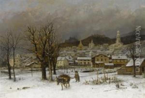 Winter Landscape With View Of A Swiss Town In The Background, Possibly Fribourg Oil Painting - Cherubino Pata